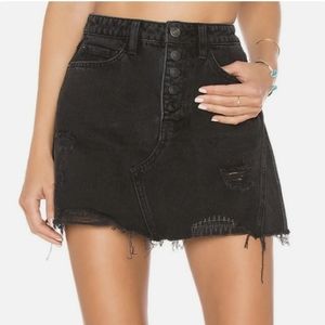 We The Free People Rainn Black Denim Jean Button Fly Skirt Raw Hem Womens 26